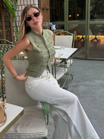 Women Elegant Solid Sleeveless Vest Double Breasted Decorative Slim Fit Short Chic Top 2026 Summer Casual Beach Vacation Top