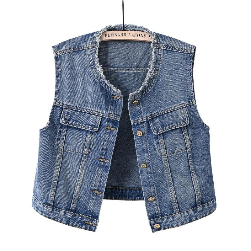 Women Denim Vest Coat Rough O Neck Vintage Short Sleeveless Jacket Female Cowboy Waistcoat Casual Tops Chaleco Mujer Outerwear