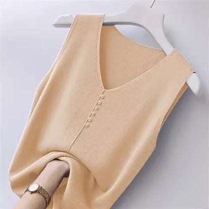 Summer Women's Tank Top Silk V-neck Wide Shoulder Strap Color Knitted Shirt Sleeveless Top Student Ice Silk Vest