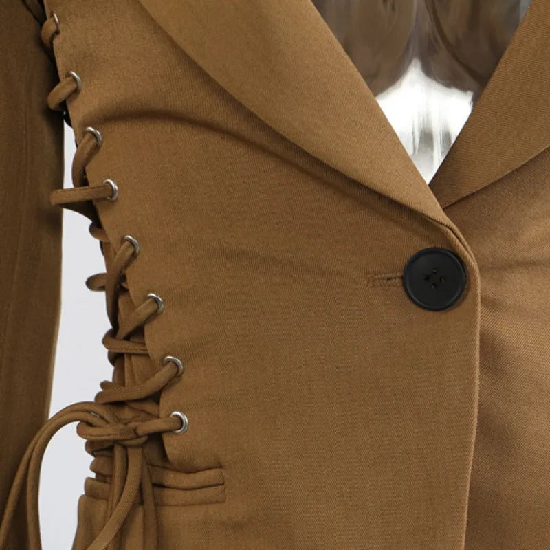 Spring Autumn New Women Blazer Notched Collar Single Button Lace-Up Waist Cinching Slim Fit Elegant Fashion Jackets HK13264