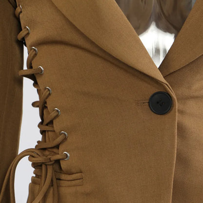 Spring Autumn New Women Blazer Notched Collar Single Button Lace-Up Waist Cinching Slim Fit Elegant Fashion Jackets HK13264