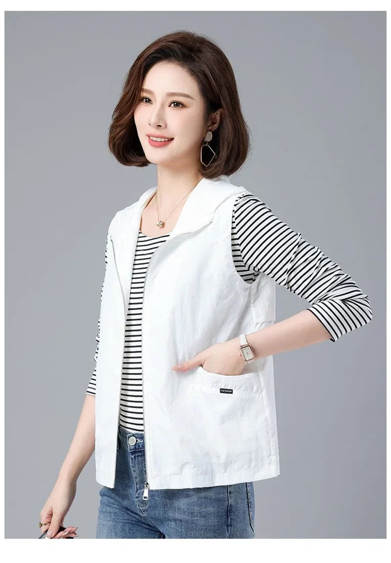 Spring Summer Woman Waistcoat New Casual Liner Sleeveless Jacket Women Zipper Hooded Thin Vest Female Outerwear Chaleco Mujer