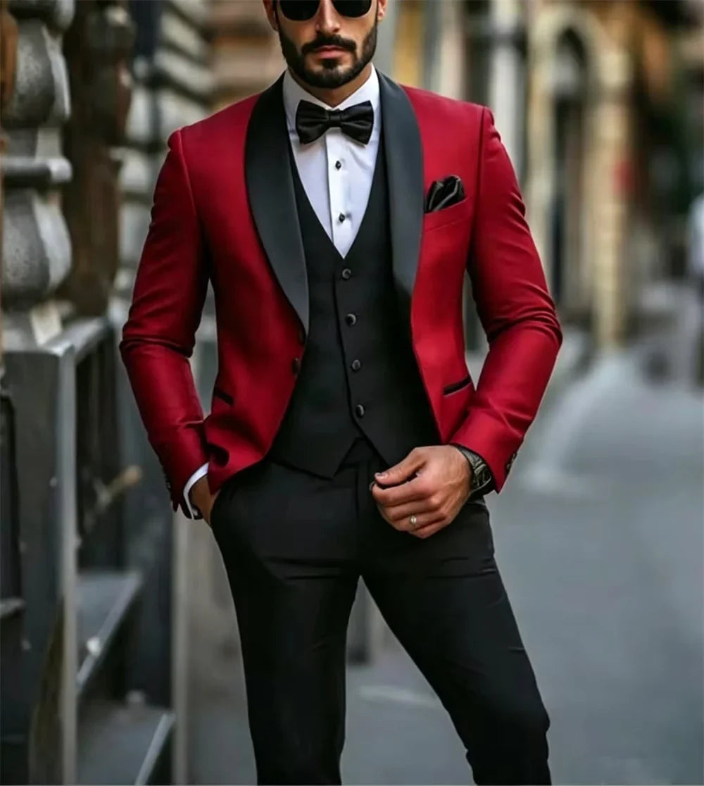 Men's 3-Piece Suit with Black Lapels for Wedding and Formal Occasions