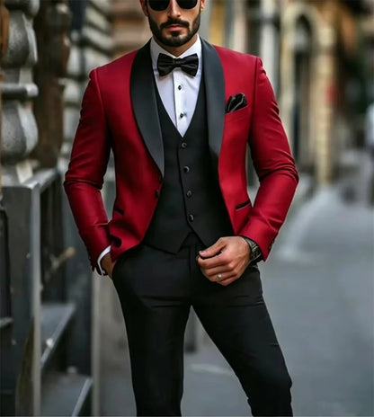 Men's 3-Piece Suit with Black Lapels for Wedding and Formal Occasions