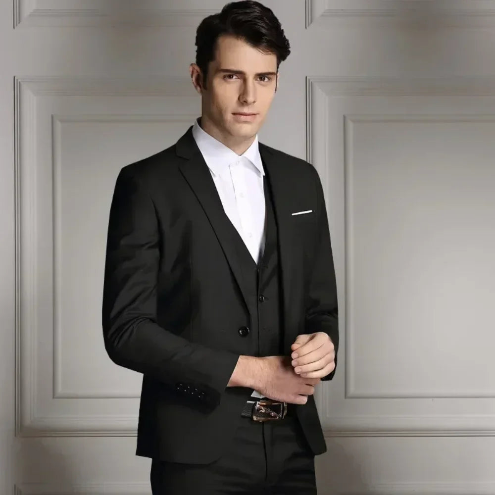 Men's 3-Piece Slim Fit Suit – Single-Breasted Blazer, Vest & Trousers in Blue for Banquets & Weddings
