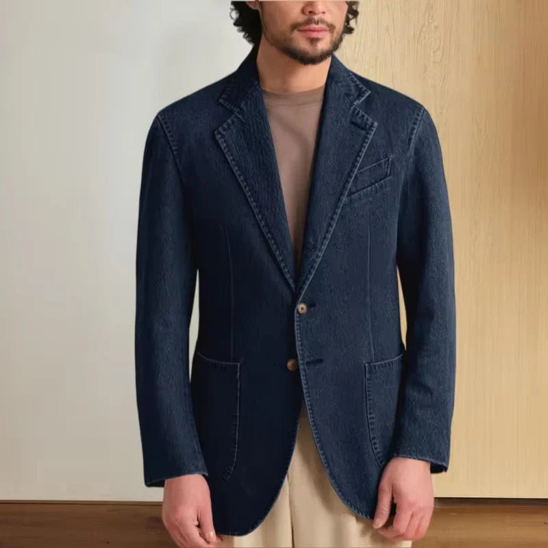 Men's Stretch Denim Blazer Classic Fit Notch Lapel 2 Button Suit Jacket Soft Breathable Business Casual Sport Coat For Spring