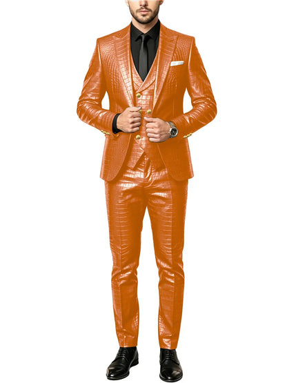 Men's 3 Piece Suit Crocodile Pattern Prime PU Leather Single Breasted Gold Buttons Slim Fit Wedding Dinner Party Formal Outfit ﻿