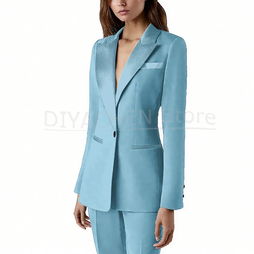 Pants Sets 2 Piece Fashion Satin Peak Lapel Single Button Solid Color Outfits Chic Casual Slim Daily Office Women's Suit