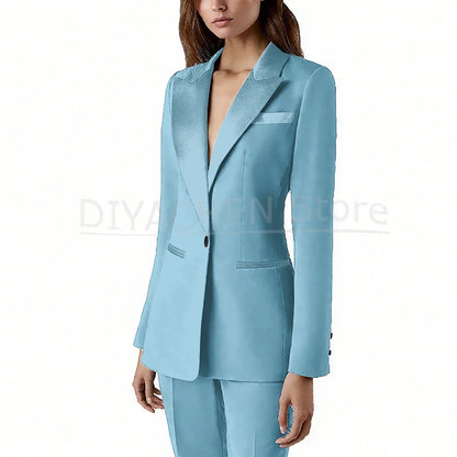 Pants Sets 2 Piece Fashion Satin Peak Lapel Single Button Solid Color Outfits Chic Casual Slim Daily Office Women's Suit