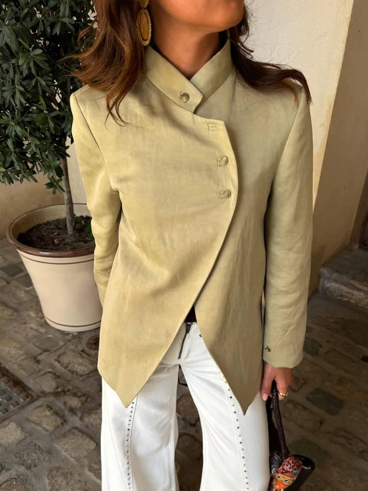 Women New Fashion Single Breasted Long Sleeves Stand Collar Blazer Solid Casual Loose Commuter Coat Woman High Street Jacket