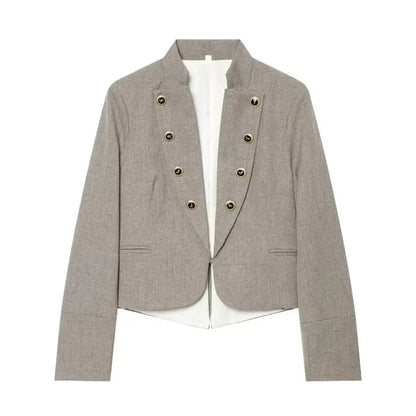 Elegant Women Tailored Blazers with Lapel Buttons New in Fitted Blazer with False Double Welt Pockets Spring Taupe Brown Outwear