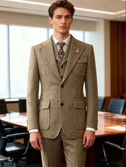 3-Piece Herringbone Suit Set for Men – Jacket, Vest & Pant