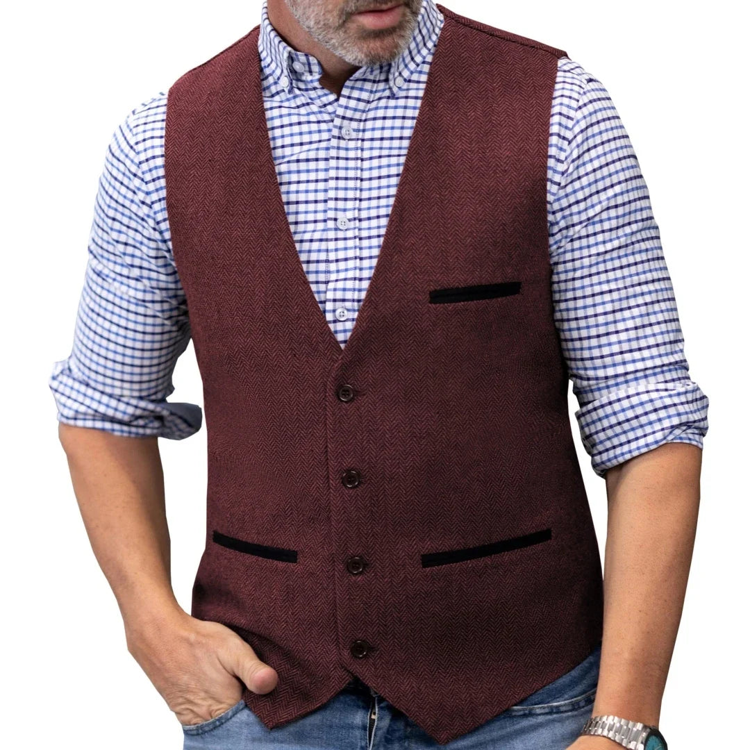 Men's Herringbone Tweed Vest Single Button V-Neck Waistcoat for Weddings and Formal Occasions