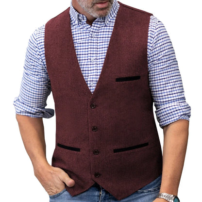 Men's Herringbone Tweed Vest Single Button V-Neck Waistcoat for Weddings and Formal Occasions