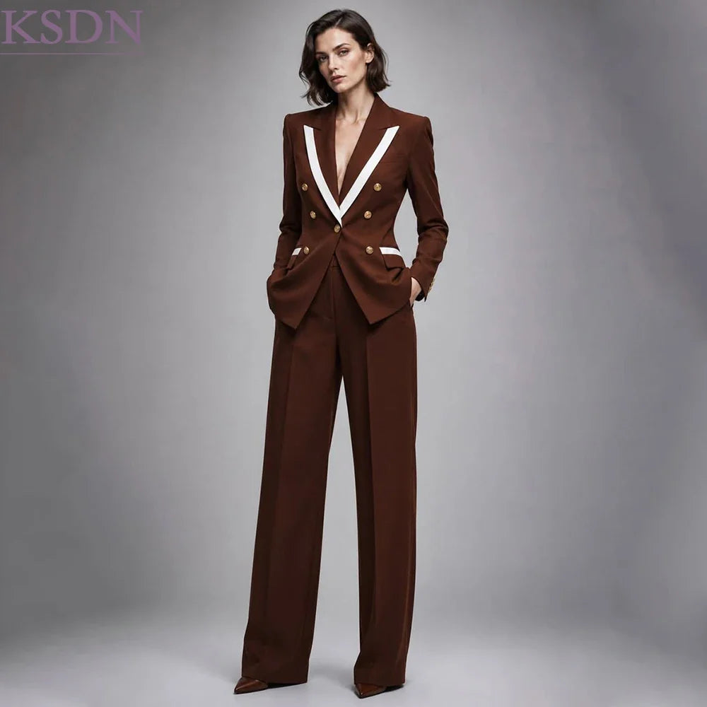Designer Brown Women Suits Formal Business 2 Piece Jacket Pants Full Sets Skinny Fit Office Lady Female Clothing Blazer