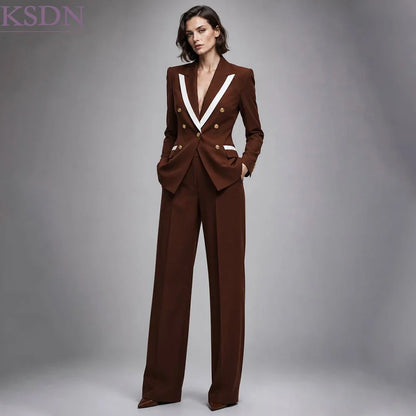 Designer Brown Women Suits Formal Business 2 Piece Jacket Pants Full Sets Skinny Fit Office Lady Female Clothing Blazer