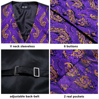 Men's Jacquard Floral Waistcoat Set with Tie, Pocket Square & Cufflinks – Purple Paisley, Wedding & Business