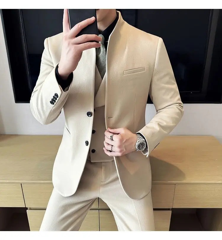 Men's 3-Piece Slim Fit Stand Collar Suit – Wedding, Prom & Office Formal Set