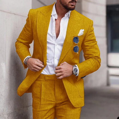 Men's 2-Piece Linen Suit – Slim Fit Notch Lapel Blazer & Trousers for Wedding, Business & Formal Occasions