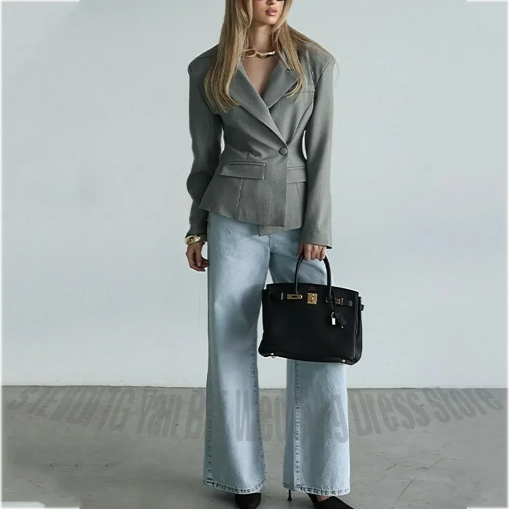 Stylish Grey Women's Suit 2 Piece Tailored Fit Single Button Jacket Denim Pants Straight Outfit Casual Daily Fashion Streetwear