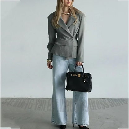 Stylish Grey Women's Suit 2 Piece Tailored Fit Single Button Jacket Denim Pants Straight Outfit Casual Daily Fashion Streetwear