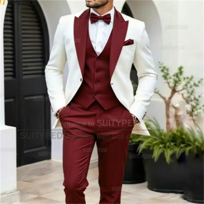 Elegant Men's Suit Set 3 Pieces Blazer Vest Pants Fashion Wedding Birthday Party Groom Homme Costume Formal Peak Lapel Tuxedos