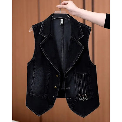 Korean Ladies Large Size 4XL Cowboy Waistcoat Tops Female Leisure Short Vest Coat Autumn Women Nostalgic Sleeveless Jacket