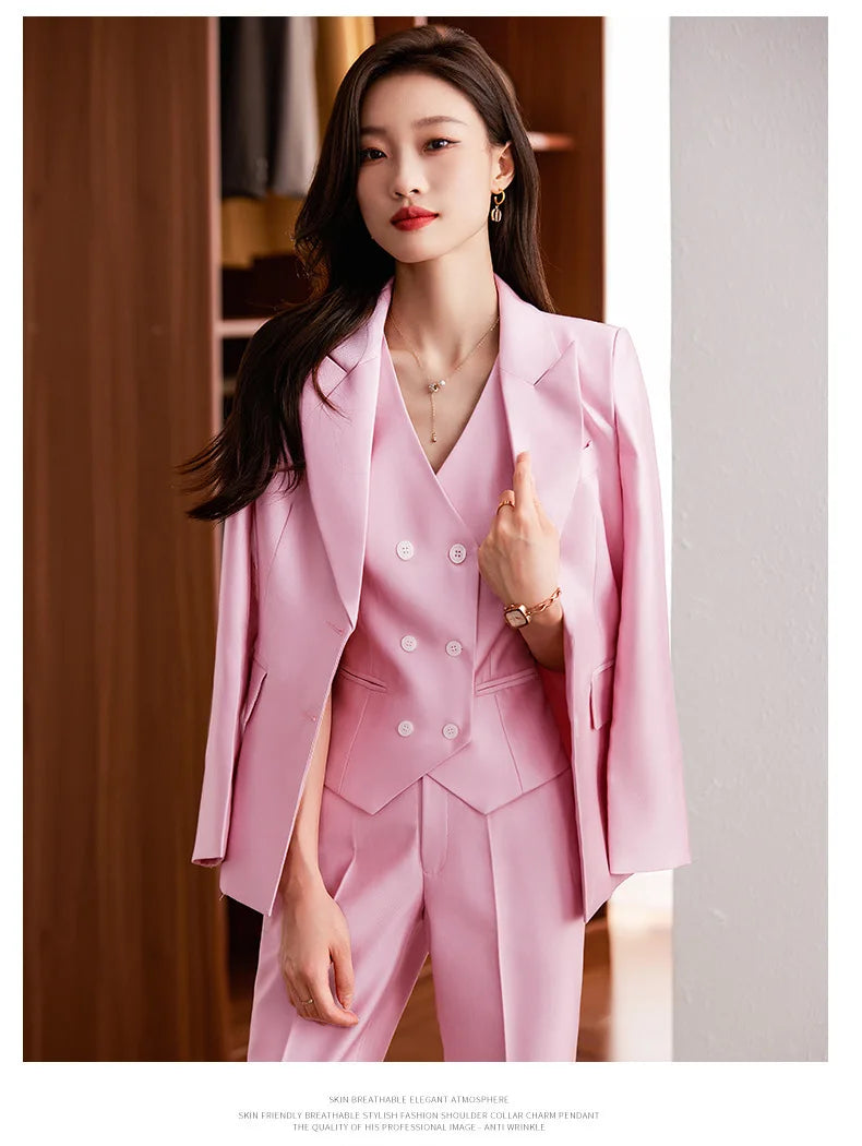 Fashion Elegant Pink High-End Small Business Suit Coat2022Autumn and Winter Elegant Vest Suit Three-Piece Korean Women's Clothin