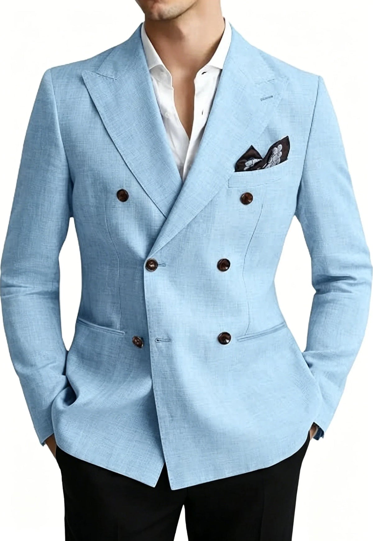 Men’s Linen Blend Suit Blazer Double Breasted Casual Peak Lapel British Style Jacket  Soft Breathable Men Suit For Summer Beach