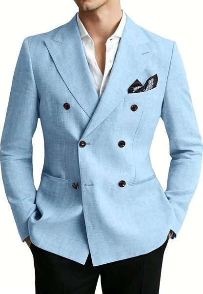 Men’s Linen Blend Suit Blazer Double Breasted Casual Peak Lapel British Style Jacket  Soft Breathable Men Suit For Summer Beach
