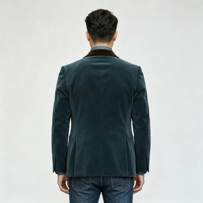 Men Velvet Blazer Contrast Brown Lapel Single Breasted Flap Pockets Smart Casual Business Streetwear Formal Outerwear