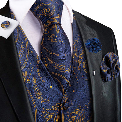 Men's Jacquard Waistcoat Suit Vest with Tie Hanky Cufflinks Brooch Set for Weddings and Business Events
