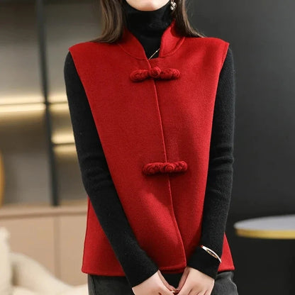 Woolen Vest Women's Standing Neck Button Chinese Style Loose Versatile Thin Wool Vest Outerwear Coat Sleeveless Jacket For Women