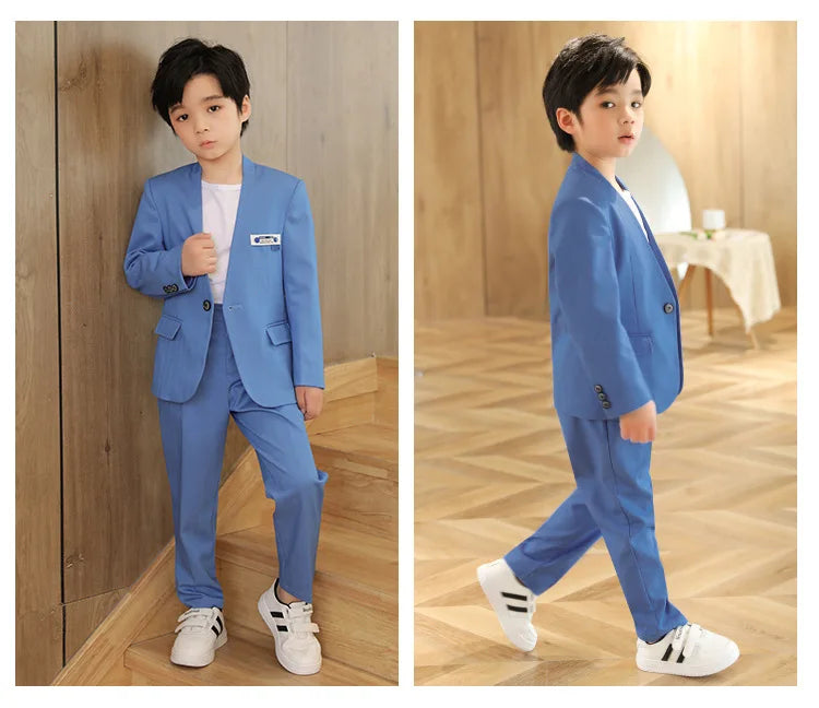 Boys Formal Suit Set Kids Wedding Tuxedo Jacket Pants Blue Ceremony Outfit