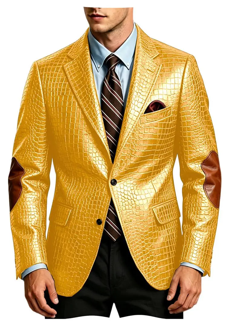 Men's Crocodile Embossed Leather Brown Jacket Patchwork Lapel Collar Slim Fit Luxury PU Blazer For Business Casual Party