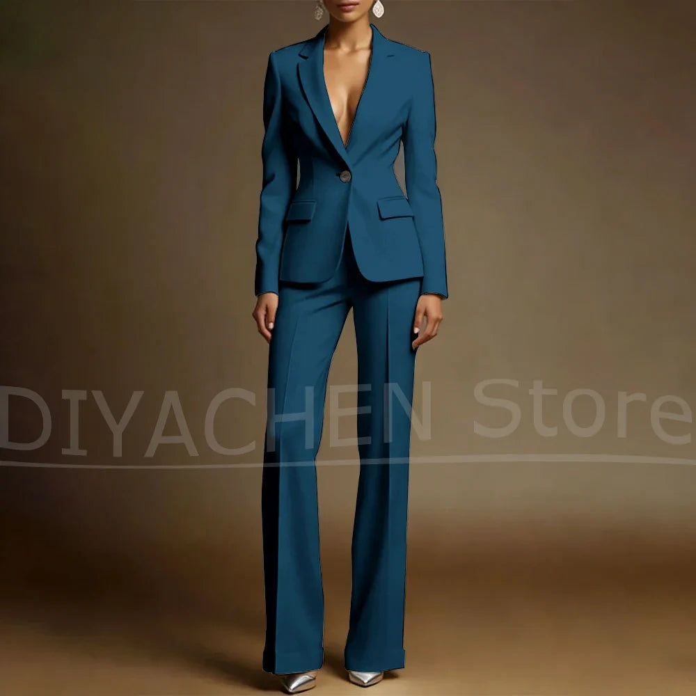 Women's White Suit Set Slim Fit Two Piece Jacket and Wide Leg Pants Office Casual Formal Occasions Elegant Female Outfit