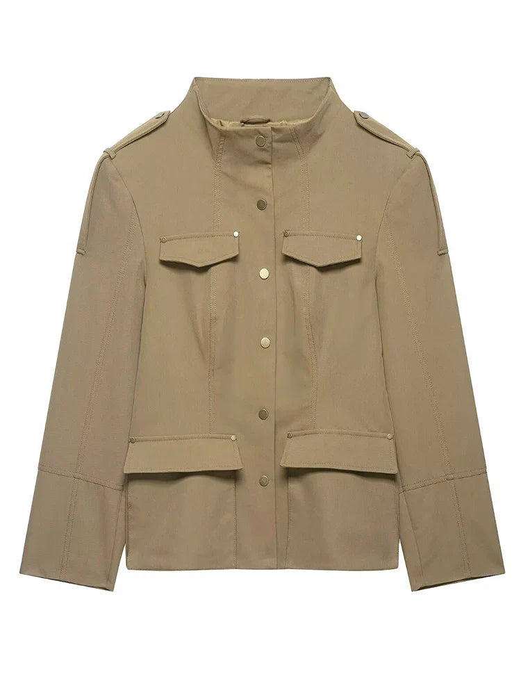 Fashion Women Slim Safari Blazer Jacket 2026 Stand Collar Long Sleeve Pocket Vintage Trench Coat Female Elegant Street Blazer