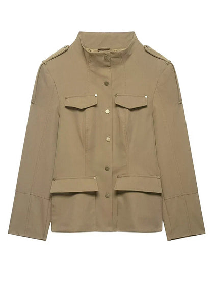 Fashion Women Slim Safari Blazer Jacket 2026 Stand Collar Long Sleeve Pocket Vintage Trench Coat Female Elegant Street Blazer