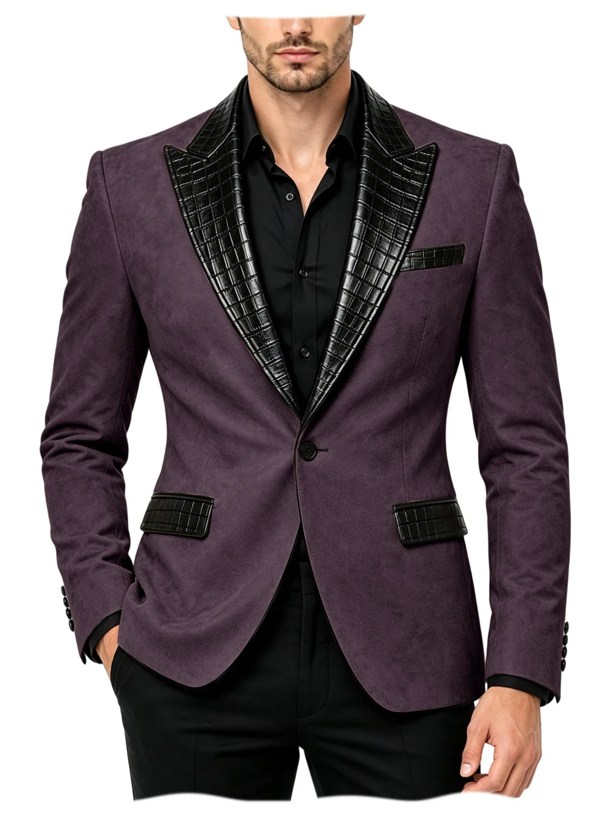 Men's Suede Slim Fit Blazer Jacket Crocodile Pattern Lapel Design Suit Coat Formal Business Prom Wedding Party Tuxedo Outerwear