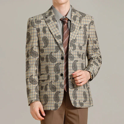 Autumn Winter Cashew Plaid Suit Jacket Men Fashion Casual Embroidered Jacquard Suit Jackets Business Social Party Men Blazers