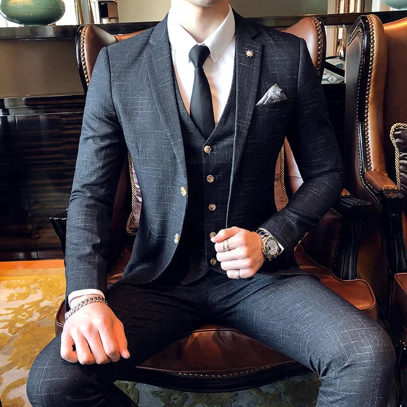Men's 3-Piece Striped Formal Suit – Blazer, Vest & Trousers | Italian Style Business Gentleman