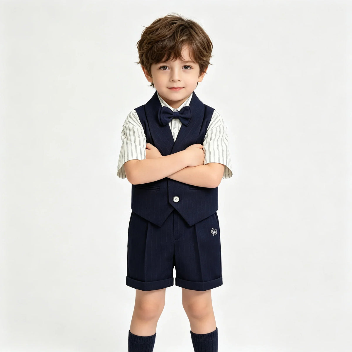 3Pcs Toddler Boy Gray Vest Suit Striped Short Sleeve Shirt Bow Tie Shorts Kids Wedding Baptism Birthday Gentleman Formal Outfit