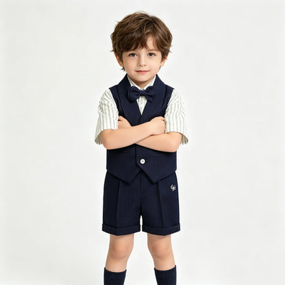 3Pcs Toddler Boy Gray Vest Suit Striped Short Sleeve Shirt Bow Tie Shorts Kids Wedding Baptism Birthday Gentleman Formal Outfit