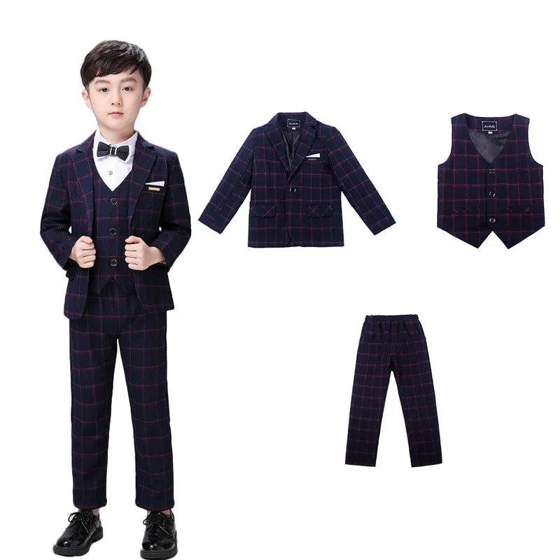 Clearance Stock sale Boys Spring Plaid 3Pieces/Set Jacket Vest Pants Photography Suit Kids Wedding Party Dress Children Costume