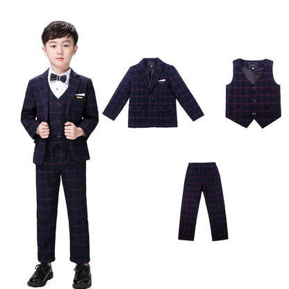 Clearance Stock sale Boys Spring Plaid 3Pieces/Set Jacket Vest Pants Photography Suit Kids Wedding Party Dress Children Costume