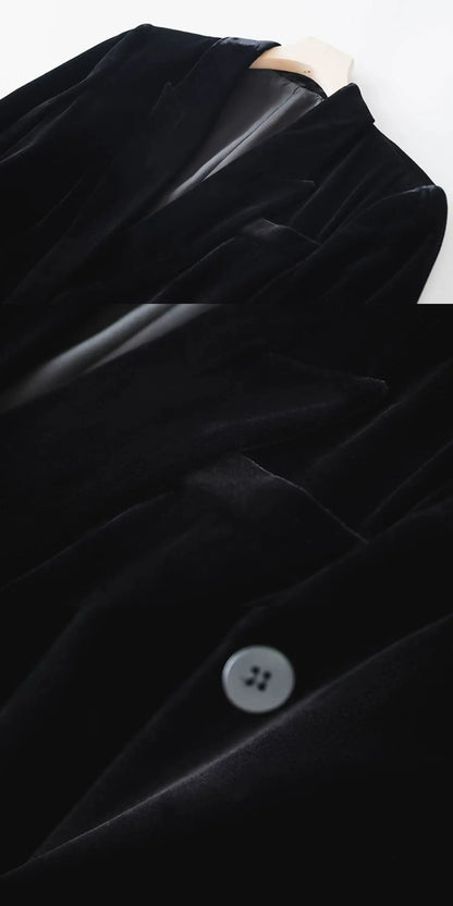 Silk Velvet Long Sleeve Suit Jacket Women's Business Wear Slim Fit Mid-Length Luxury Glossy Black Swan Velvet Outerwear