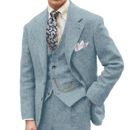 3 Piece Grey/Brown Mens Tweed Herringbone Wedding Suit Prom Tuxedos Peak Lapel Tweed for Business Slim Fit (Blazer+Vest+Pants)
