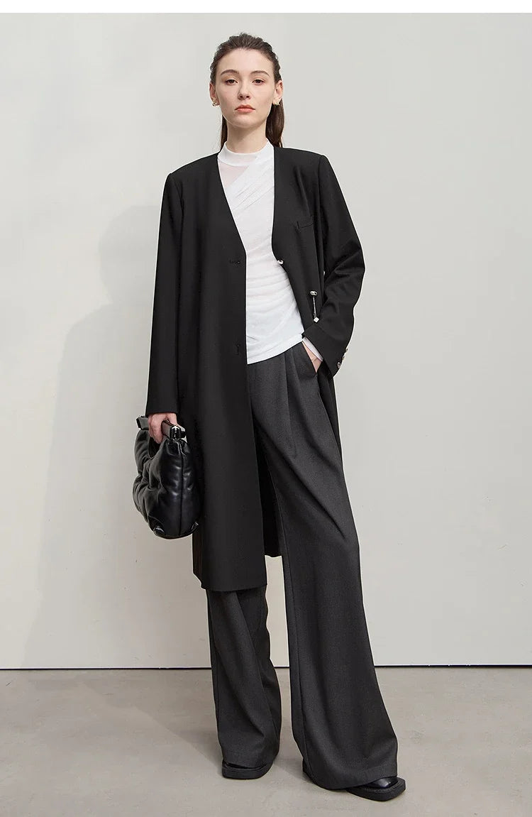 Long Women's Jacket 2025 Autumn New V-neck Metal Chain Blazer Women Long Sleeves Elegance Versatile Blazer Ladies 12553052