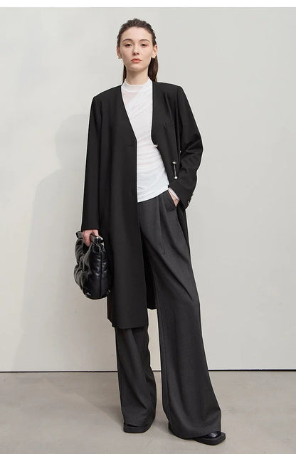 Long Women's Jacket 2025 Autumn New V-neck Metal Chain Blazer Women Long Sleeves Elegance Versatile Blazer Ladies 12553052