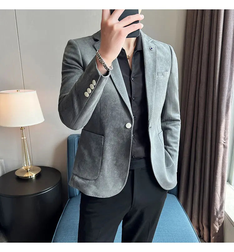 British Style Autumn Suede Business Casual Suit Jacket for Men High Quality Social Office Blazers Wedding Groom Dress Coats